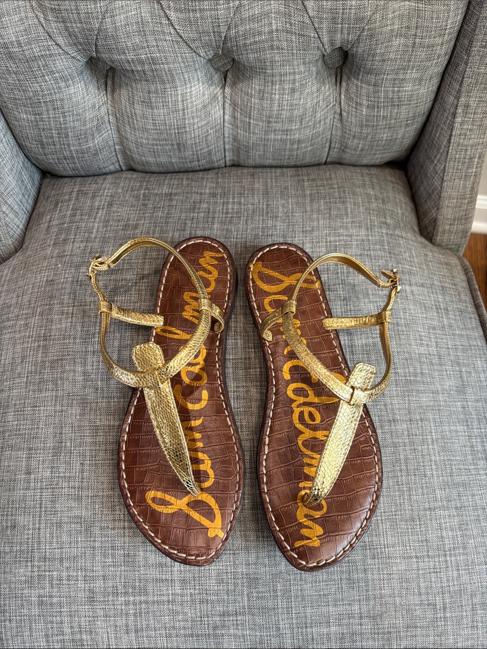 Sam Edelman Metallic Gold T-Strap Leather Sandals